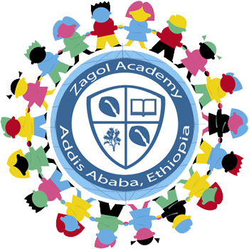 international world students holding hands around a globe with zagol academy, addis ababa, ethiopia school logo